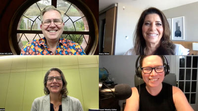 Clockwise from top left: Dean Nelson of Departures by Dean; Stacy Ritter of Visit Lauderdale; Folo host Rebecca Tobin and Travel Weekly news editor Johanna Jainchill talk about the effects of the U.S. political climate on LGBTQ+ travel.