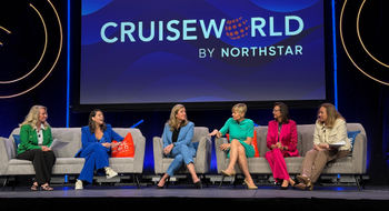 The CruiseWorld Leadership Panel, from left: Moderator Barbra Taylor, Travel Insured International: Janet Bava, Windstar; Pam Hoffee, Avalon Waterways; Sarah Beth Reno, Carnival Cruise Line; Dondra Ritzenthaler, Azamara Cruises; and moderator Mary Pat Sullivan, Northstar Travel Group.