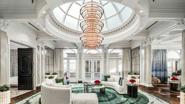 The courtyard lounge of the Colosseum Presidential Villas at Caesars Palace features skylight and terrace views.