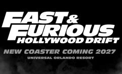Teaser art for Fast & Furious: Hollywood Drift, an outdoor coaster coming to Universal Studios Florida in 2027.