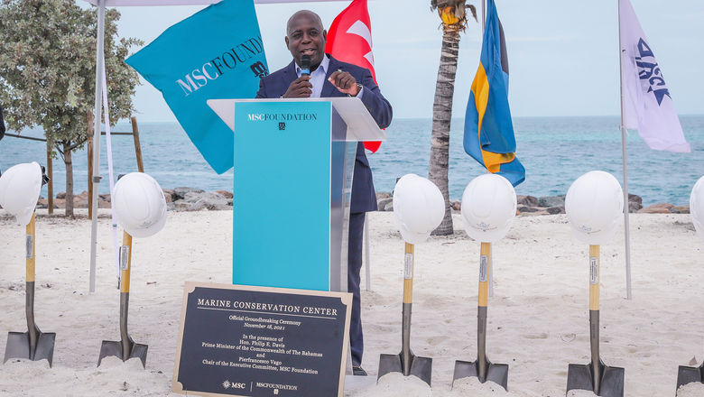 Bahamian Prime Minister Philip Davis in 2021, at the groundbreaking of the Marine Conservation Center at MSC Cruises' Ocean Cay.