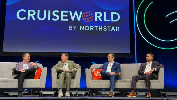 A CruiseWorld conversation (from left): Jason Montague, Norwegian Cruise Line Holdings; Arnie Weissmann, Travel Weekly; Nathan Hickman, Oceania; and Wes D'Silva, Regent Seven Seas Cruises.
