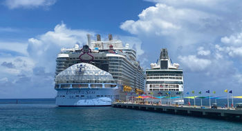 The Utopia of the Seas, which sails short cruises from Port Canaveral, at Royal Caribbean private island Perfect Day at Coco Cay.
